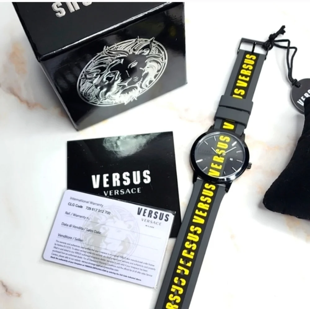 Versus Versace Mens Black & Yellow Logo Strap Watch New